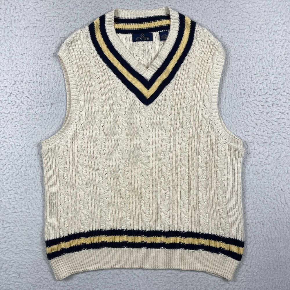Vintage Sweater Vest Mens Large Cream Cable Knit V Neck Enro Preppy Collegiate